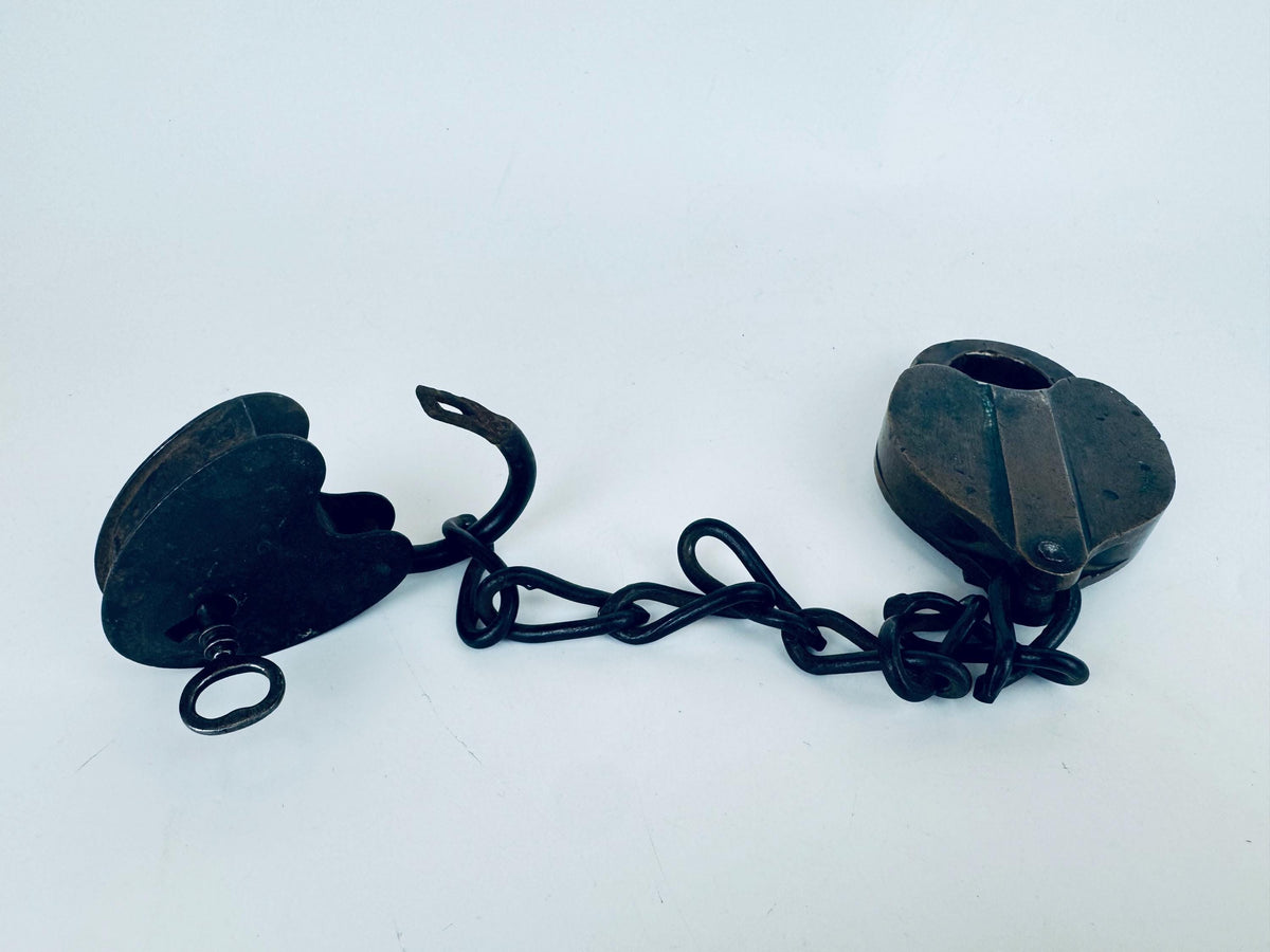 Antique + Rare 1870s Heart-Shaped Padlock Brass & Iron Railroad Lock  Original Chain + Key