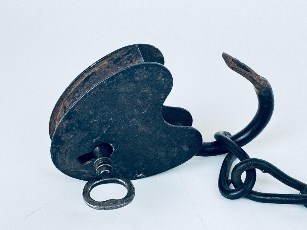 Antique + Rare 1870s Heart-Shaped Padlock Brass & Iron Railroad Lock  Original Chain + Key
