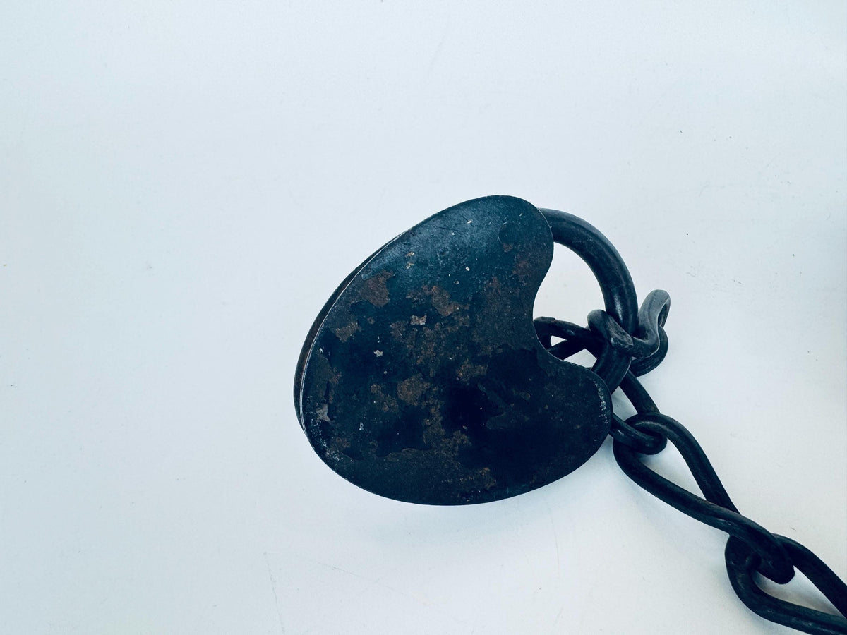 Antique + Rare 1870s Heart-Shaped Padlock Brass & Iron Railroad Lock  Original Chain + Key