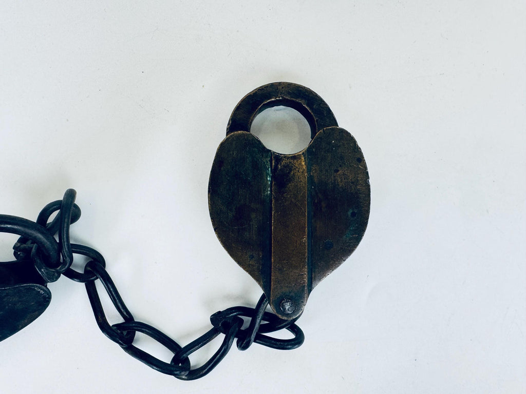 Antique + Rare 1870s Heart-Shaped Padlock Brass & Iron Railroad Lock  Original Chain + Key