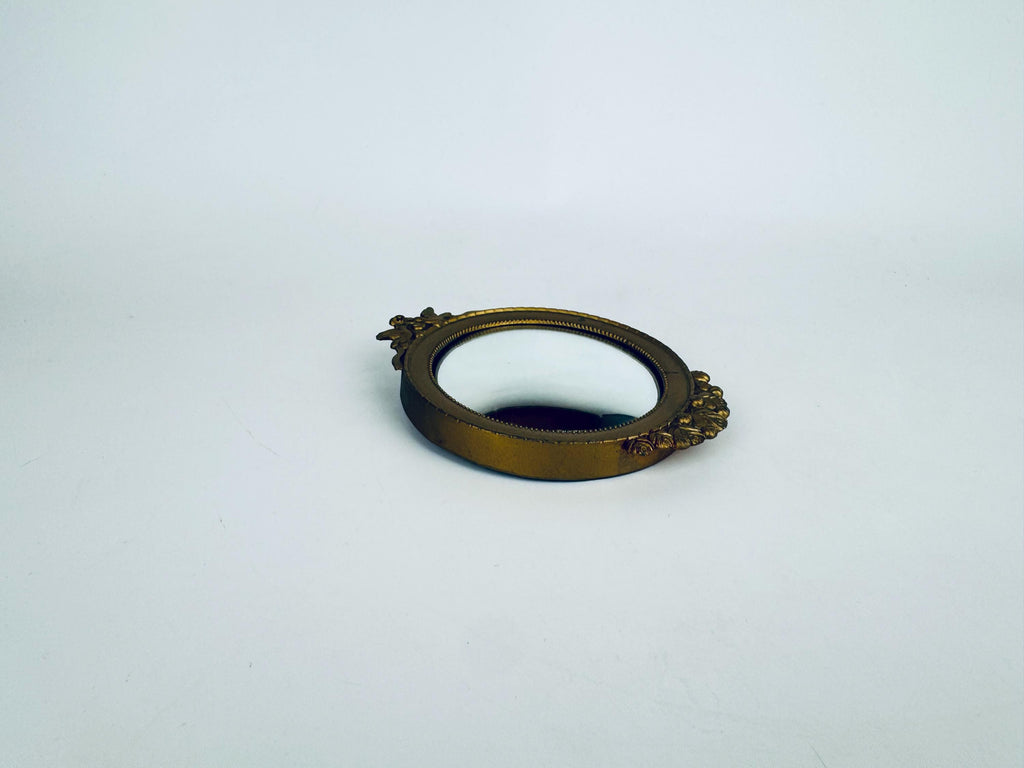 Vintage Small Brass Convex Wall Mounted Mirror - Neoclassical Dove & Rose Motif