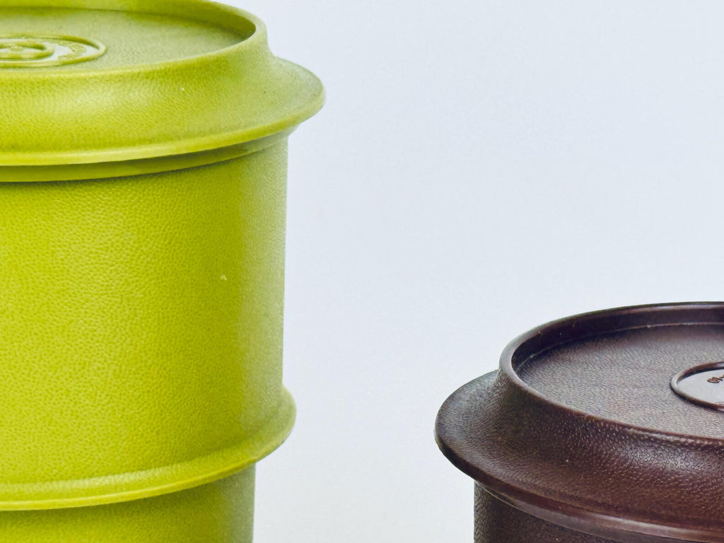 Vintage 1970s Plastic Tupperware Stackable Mugs Harvest Colours with Coaster Lids Set