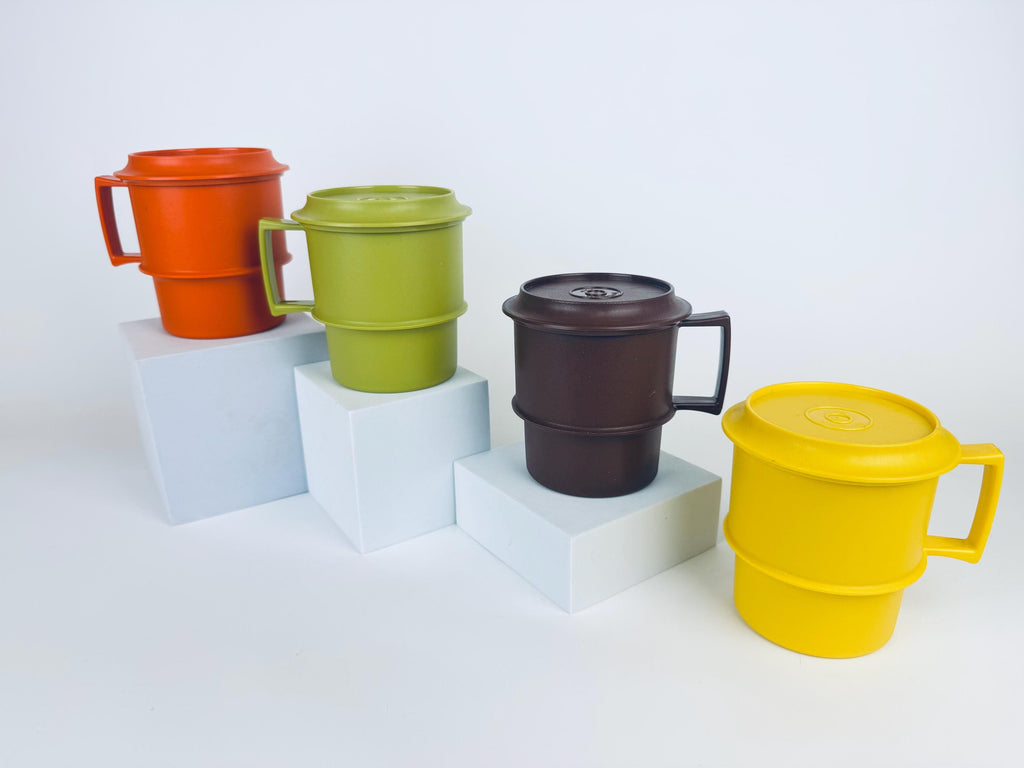 Vintage 1970s Plastic Tupperware Stackable Mugs Harvest Colours with Coaster Lids Set