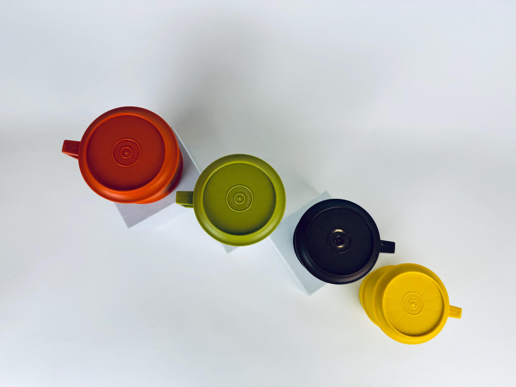 Vintage 1970s Plastic Tupperware Stackable Mugs Harvest Colours with Coaster Lids Set