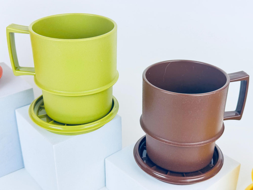 Vintage 1970s Plastic Tupperware Stackable Mugs Harvest Colours with Coaster Lids Set