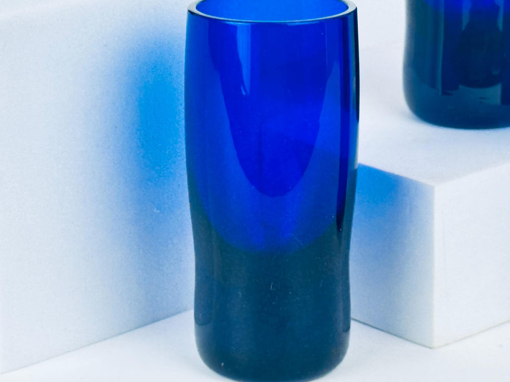 Vintage 1970s Cobalt Blue Handblown Glass Tumblers Thick Base Barware Set
