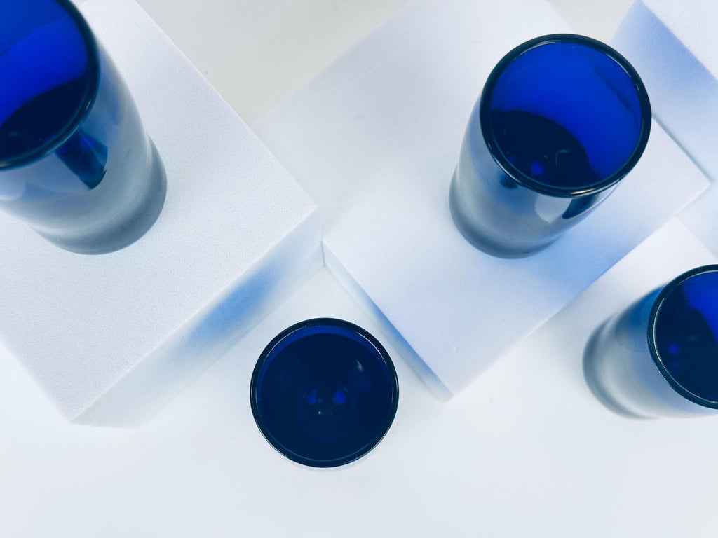 Vintage 1970s Cobalt Blue Handblown Glass Tumblers Thick Base Barware Set