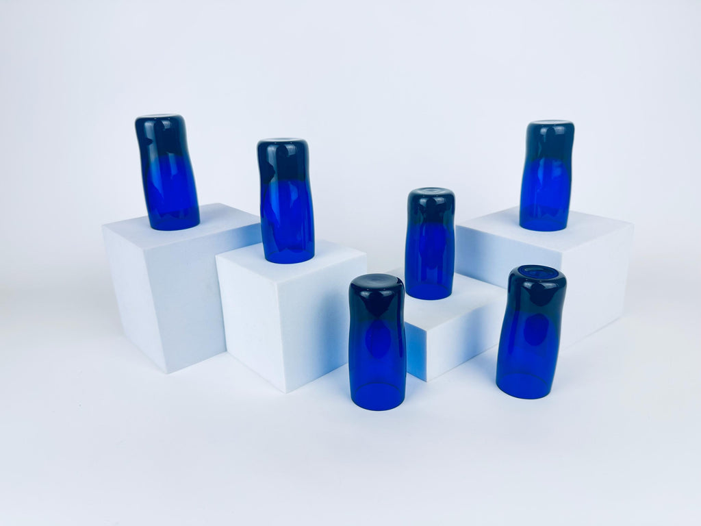 Vintage 1970s Cobalt Blue Handblown Glass Tumblers Thick Base Barware Set