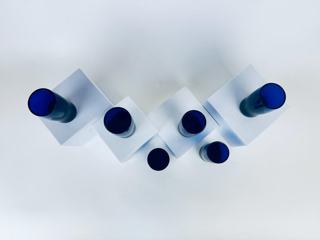 Vintage 1970s Cobalt Blue Handblown Glass Tumblers Thick Base Barware Set