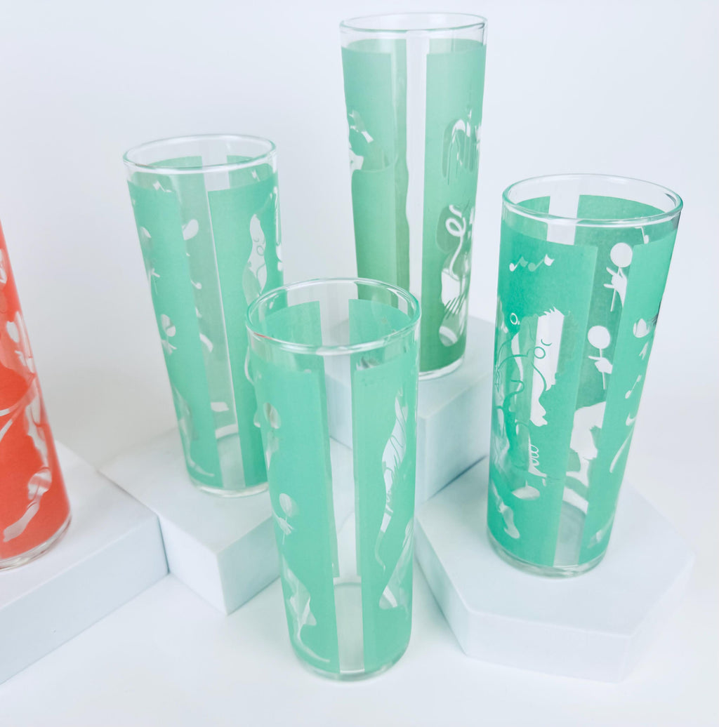 Vintage Dominion Glass Mid-Century Flamenco Dancer Frosted Highball Glasses - Sets Sold Separately