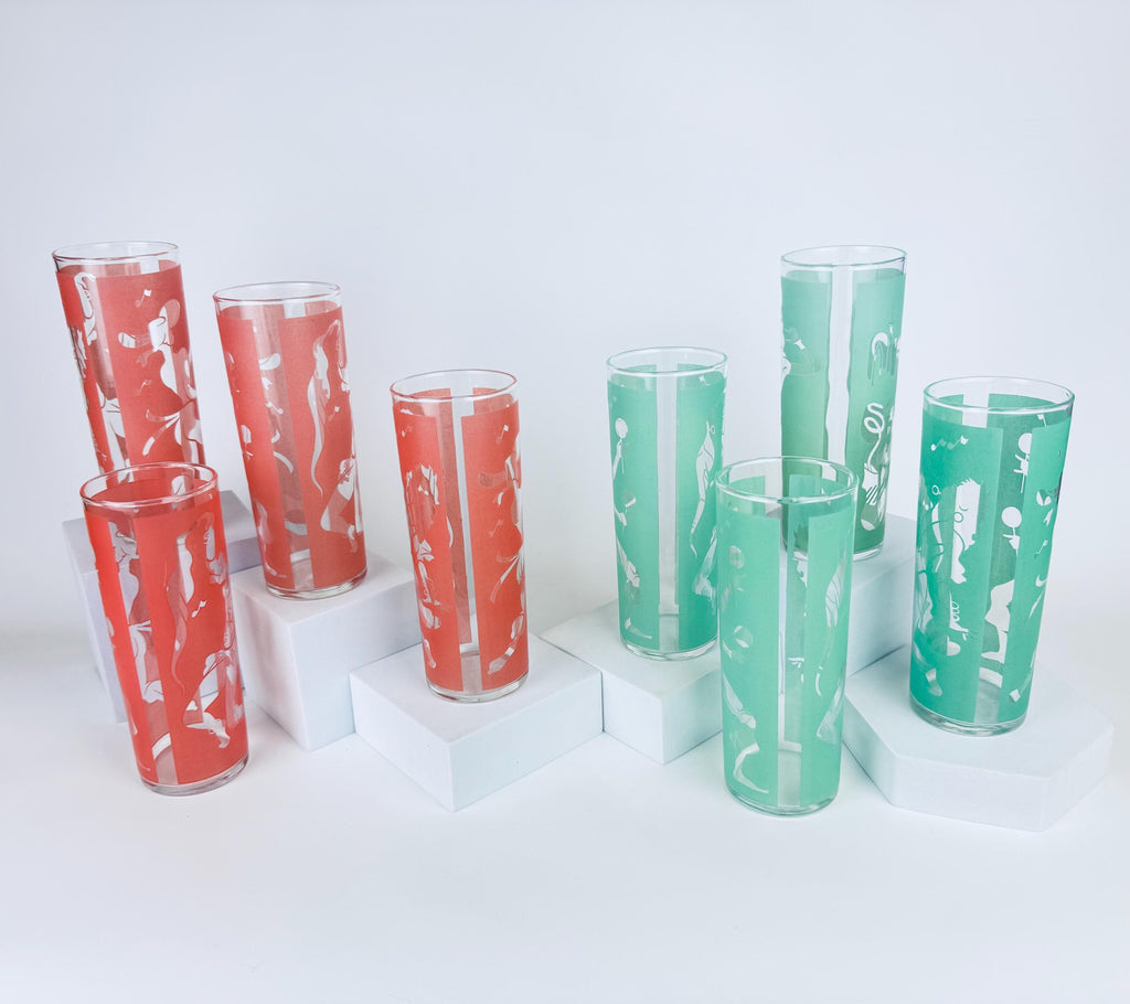 Vintage Dominion Glass Mid-Century Flamenco Dancer Frosted Highball Glasses - Sets Sold Separately