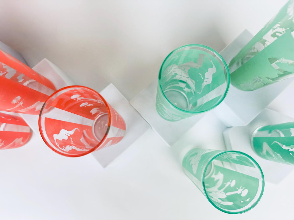 Vintage Dominion Glass Mid-Century Flamenco Dancer Frosted Highball Glasses - Sets Sold Separately