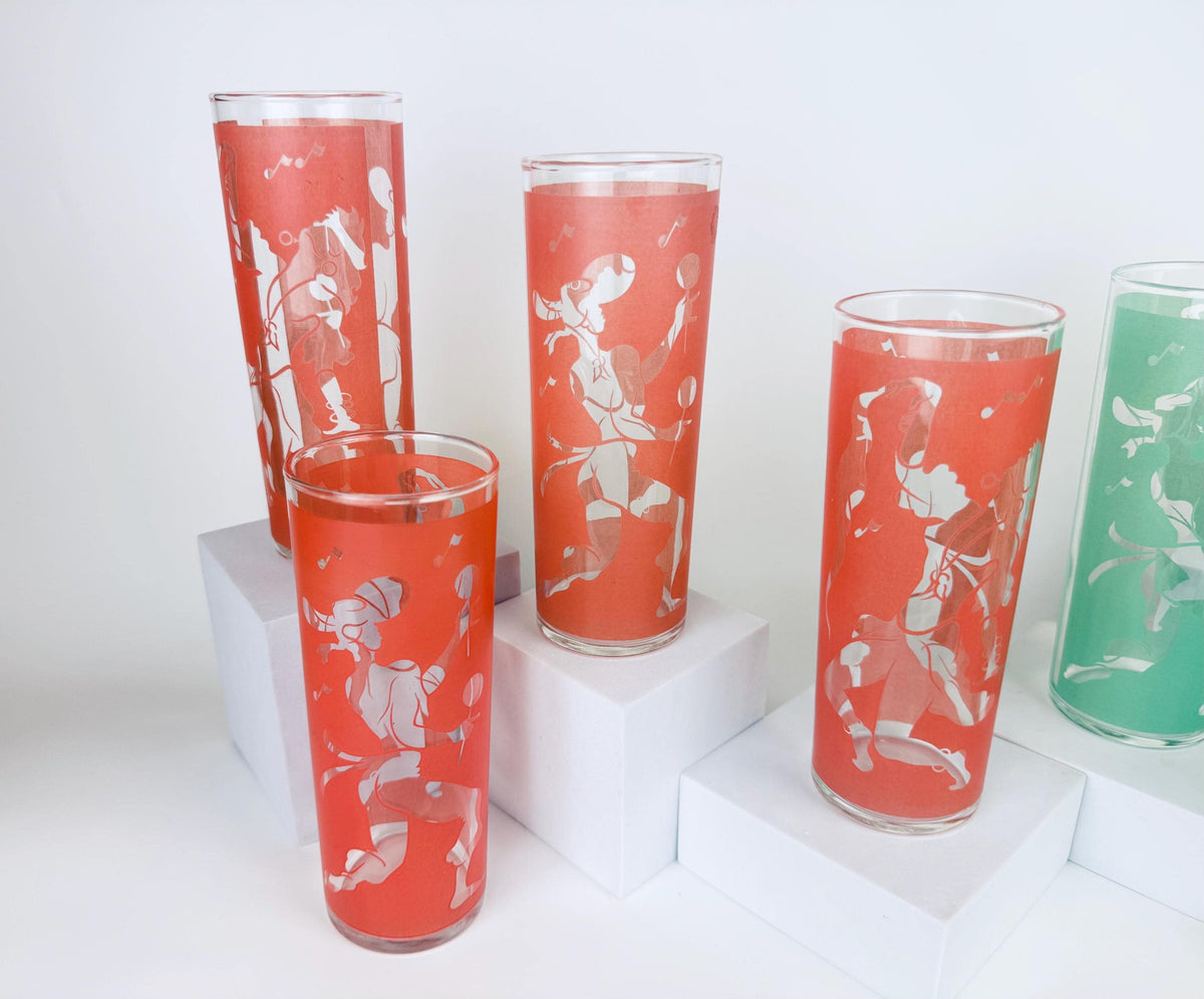 Vintage Dominion Glass Mid-Century Flamenco Dancer Frosted Highball Glasses - Sets Sold Separately