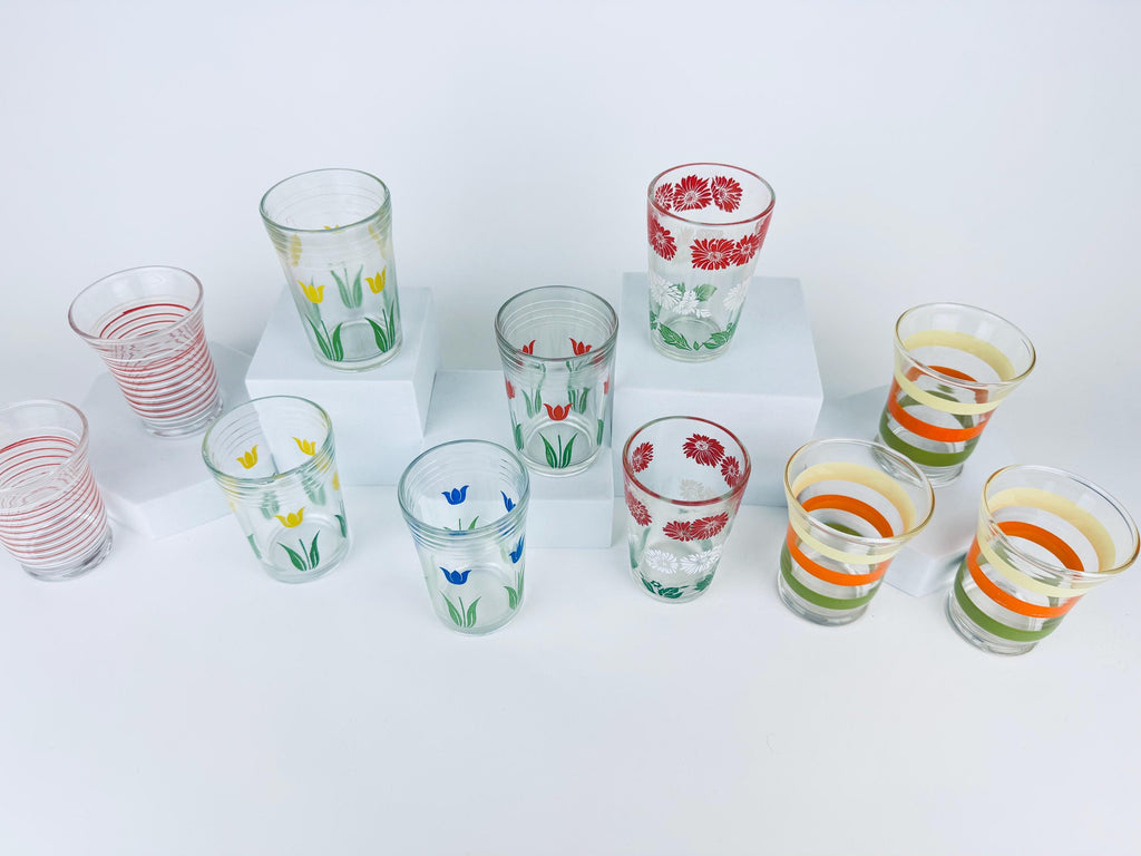 Vintage Mid Century 1960s Juice Glasses - Floral & Striped Patterned Glassware - Sets Sold Separately