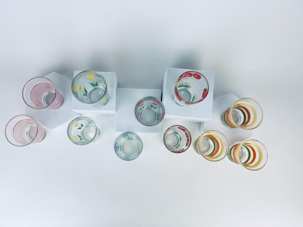 Vintage Mid Century 1960s Juice Glasses - Floral & Striped Patterned Glassware - Sets Sold Separately