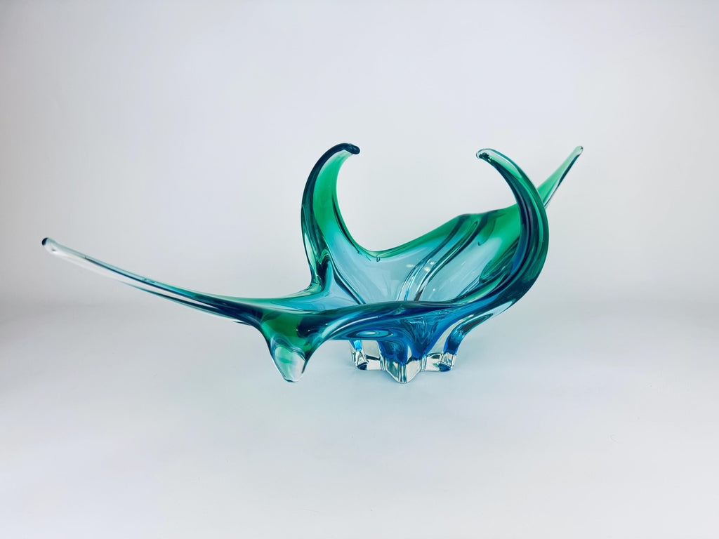 Vintage Chalet Art Glass 'B1' Aqua Sculptural Bowl - Mid-Century Modern Centerpiece