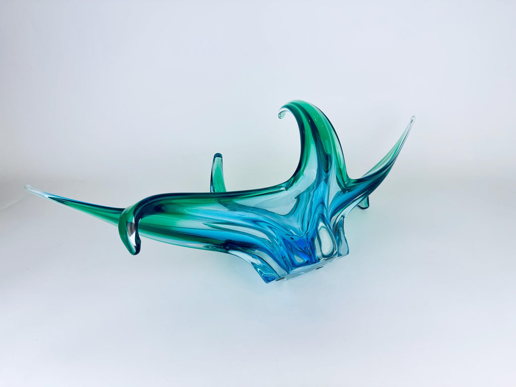 Vintage Chalet Art Glass 'B1' Aqua Sculptural Bowl - Mid-Century Modern Centerpiece