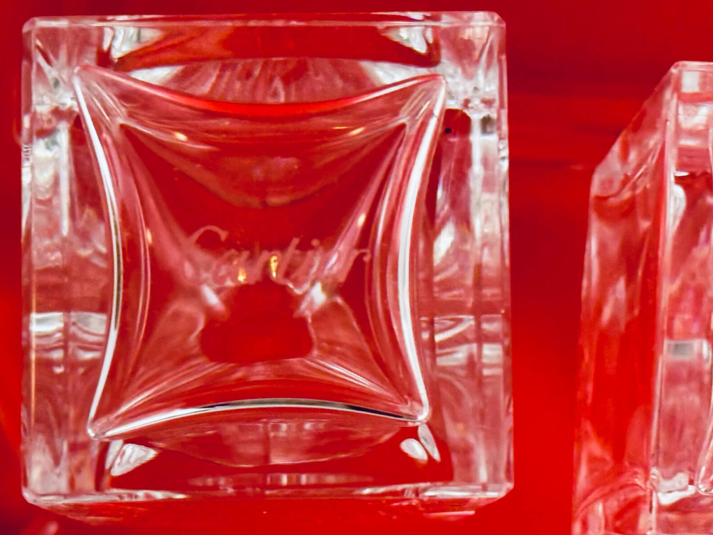 Vintage 1980s Clear Crystal Cartier Cruet Pair - Glass Oil & Vinegar Bottles