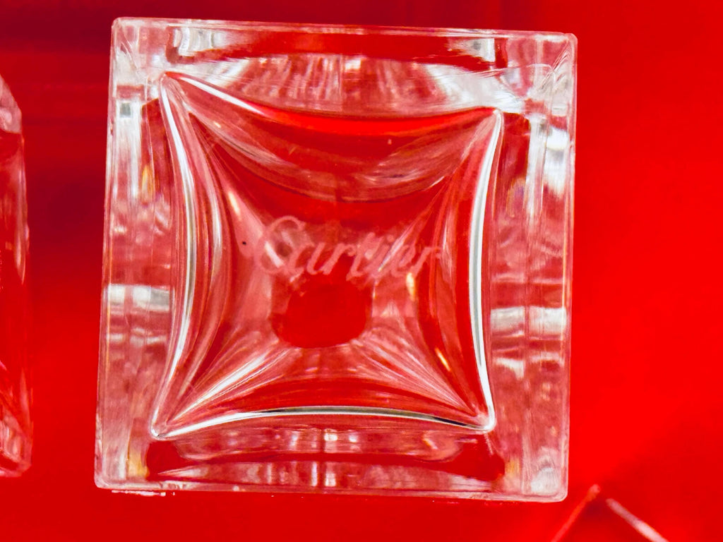 Vintage 1980s Clear Crystal Cartier Cruet Pair - Glass Oil & Vinegar Bottles