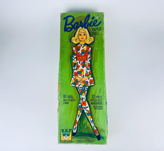 Vintage 1971 Whitman Barbie paper doll set in green box with original illustrated cover and mod fashion graphics.