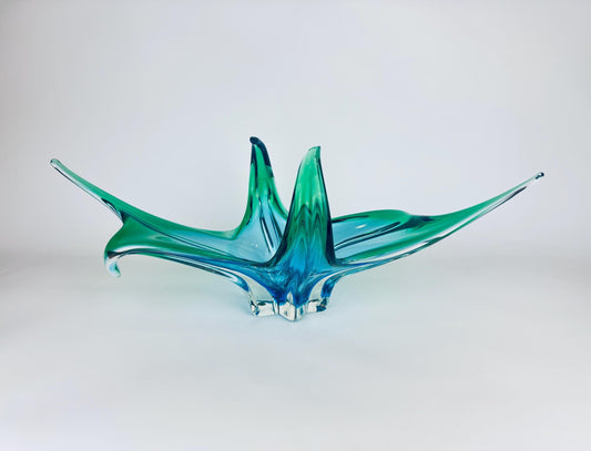 Large vintage Chalet Art Glass B1 sculptural bowl in Aqua glass with blue-green tonal variation and mid-century modern form on white background.