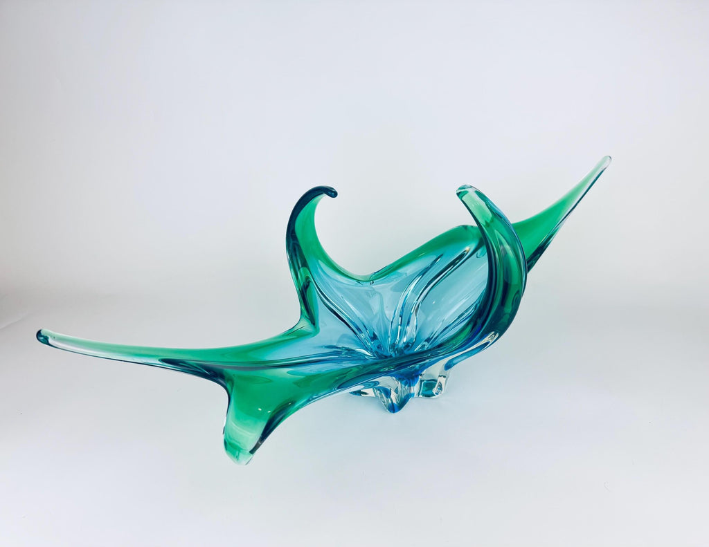 Vintage Chalet Art Glass 'B1' Aqua Sculptural Bowl - Mid-Century Modern Centerpiece
