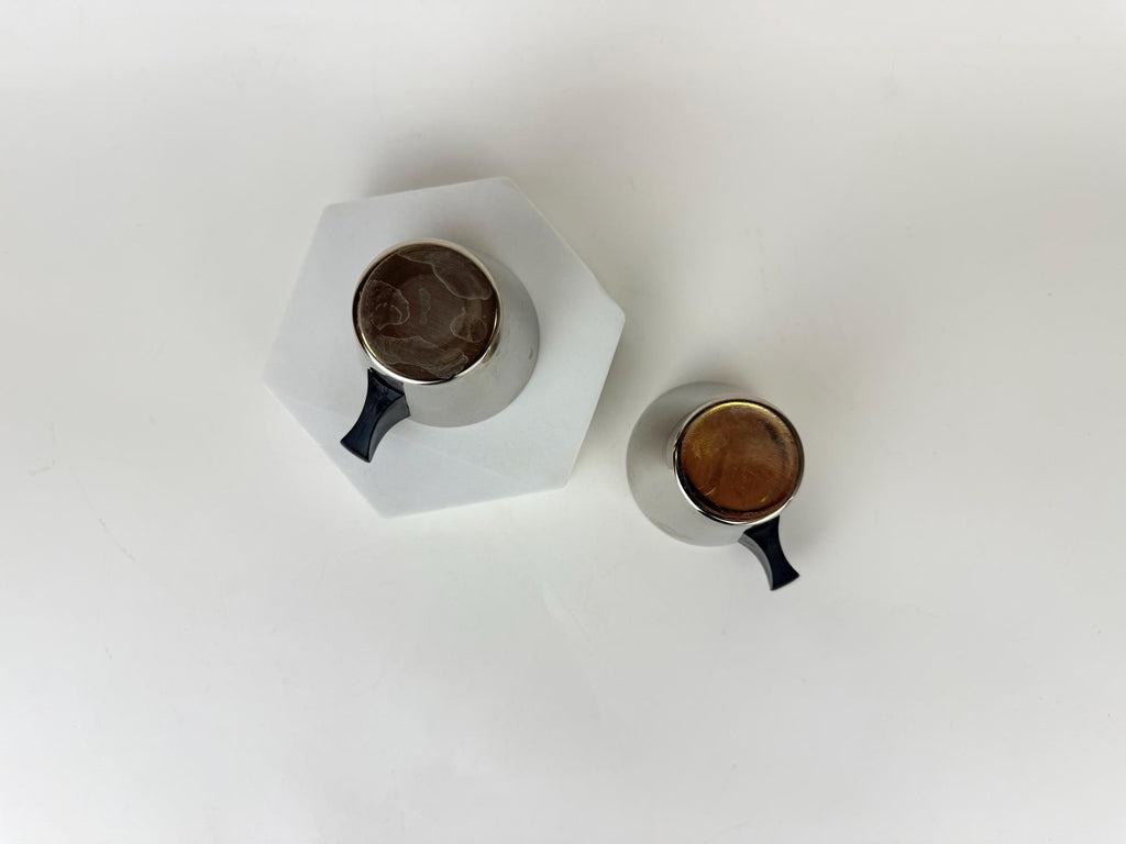 Vintage 1970s Italian Stainless Steel Demitasse Espresso Cups - Black Handles
