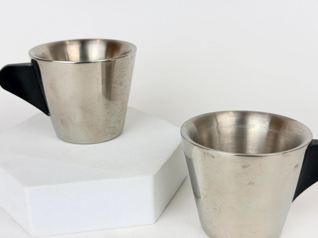 Vintage 1970s Italian Stainless Steel Demitasse Espresso Cups - Black Handles