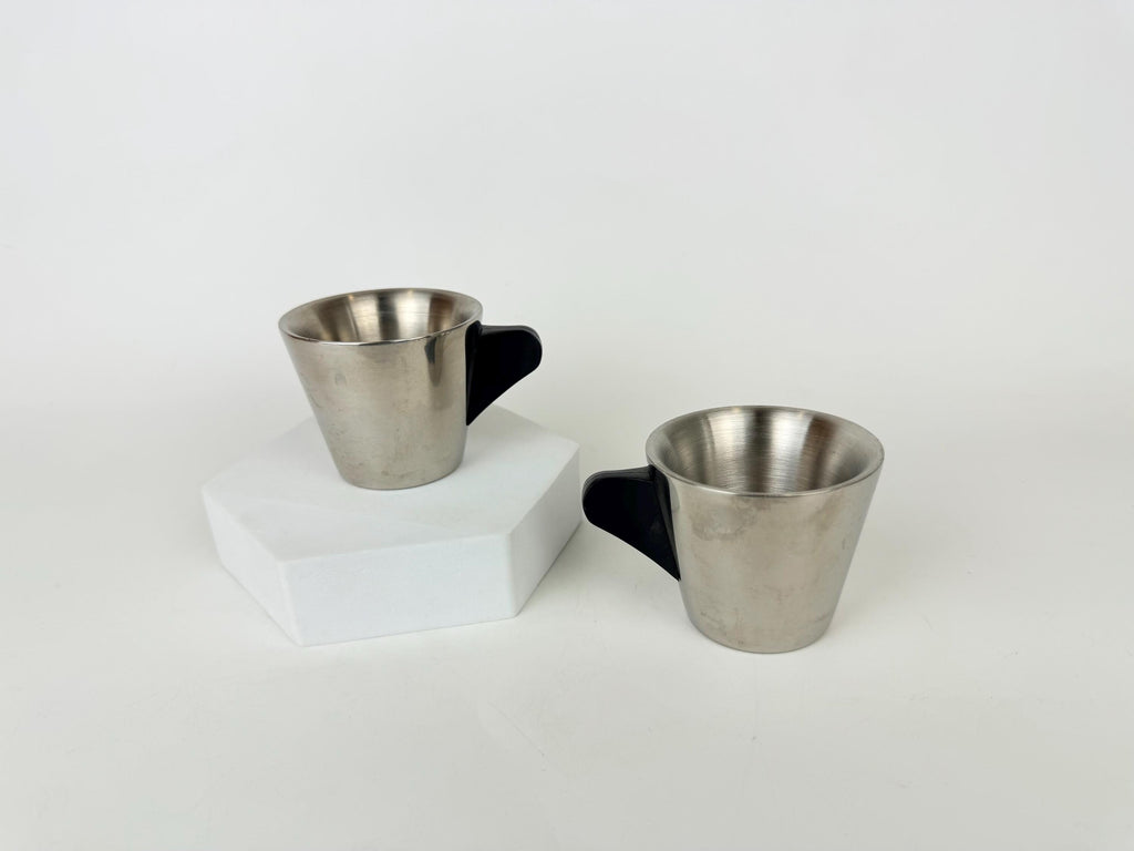 Vintage 1970s Italian Stainless Steel Demitasse Espresso Cups - Black Handles