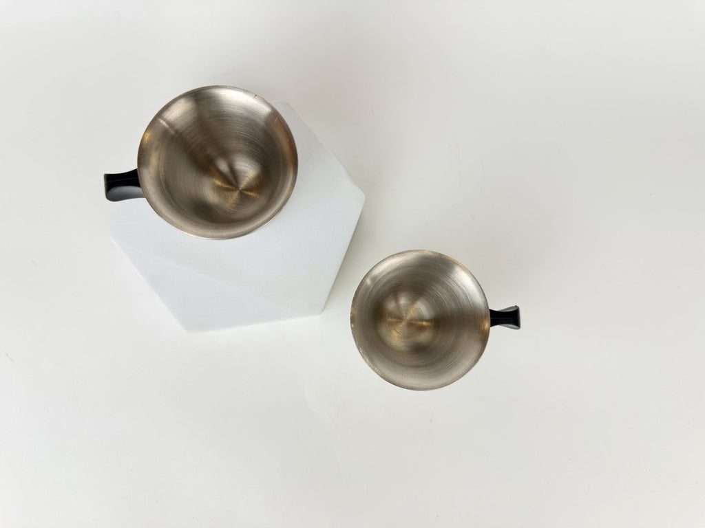 Vintage 1970s Italian Stainless Steel Demitasse Espresso Cups - Black Handles