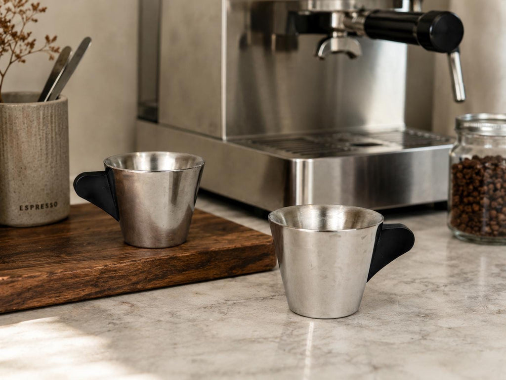 Vintage 1970s Italian Stainless Steel Demitasse Espresso Cups - Black Handles