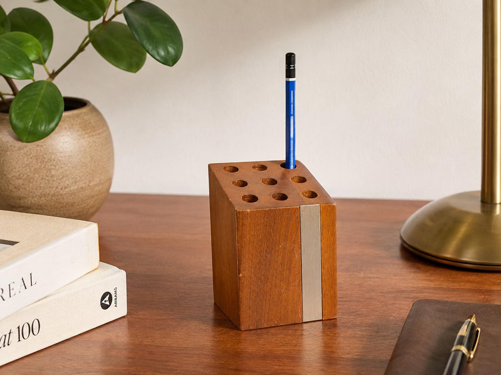 Vintage 1960s Mid Century Modern Brown Walnut Park Sherman Pencil Holder Desk Organizer