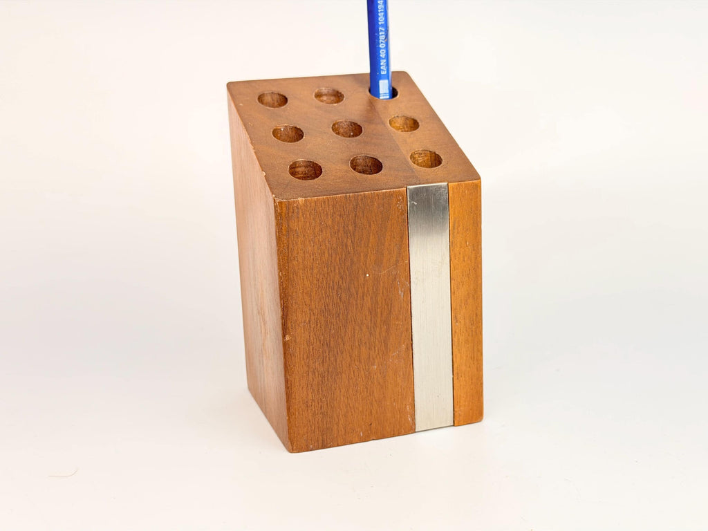 Vintage 1960s Mid Century Modern Brown Walnut Park Sherman Pencil Holder Desk Organizer