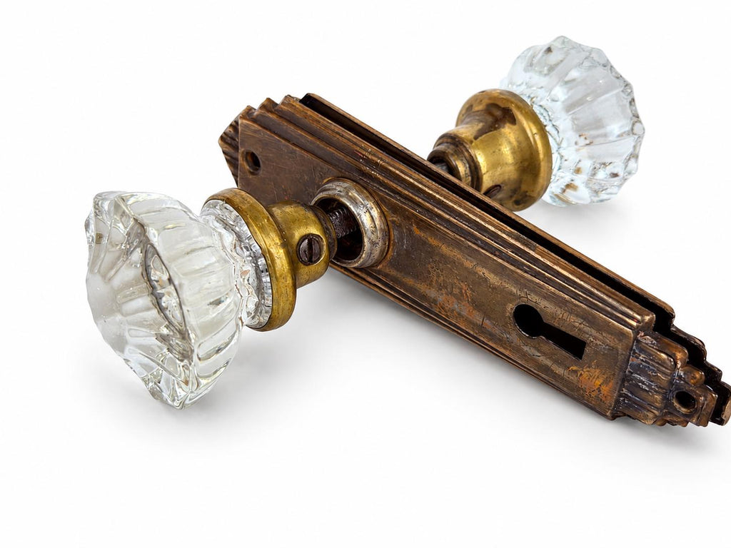 Antique 1920s Art Deco 12 Sided Crystal Glass & Brass Knob Double Door Handle Knob Set - Architectural Salvage
