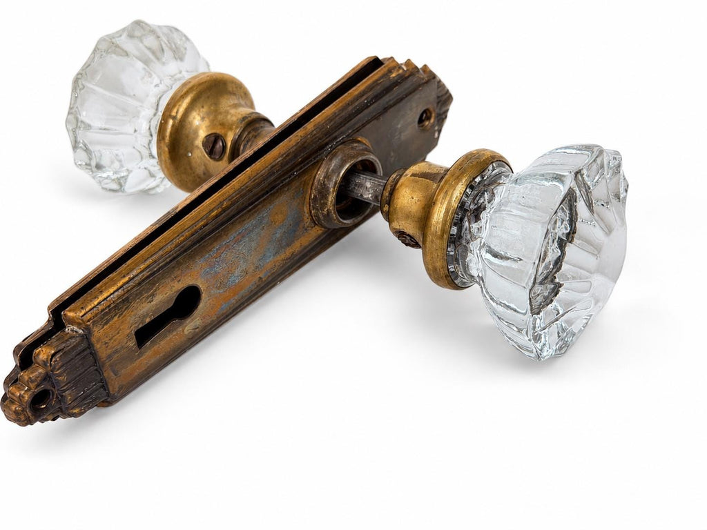 Antique 1920s Art Deco 12 Sided Crystal Glass & Brass Knob Double Door Handle Knob Set - Architectural Salvage