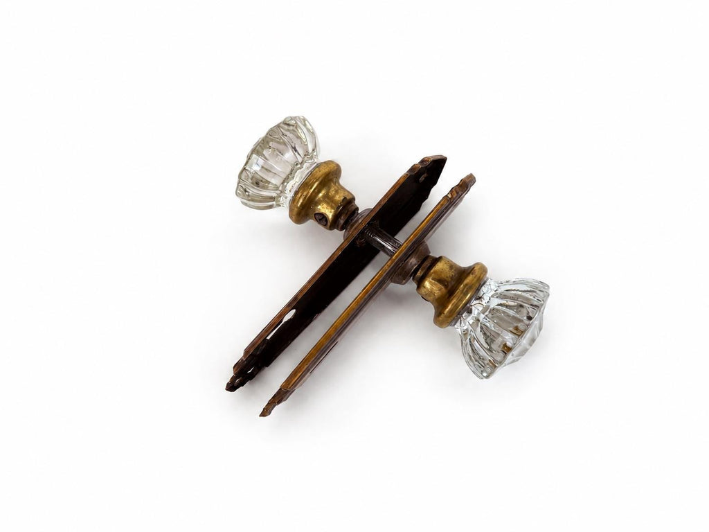 Antique 1920s Art Deco 12 Sided Crystal Glass & Brass Knob Double Door Handle Knob Set - Architectural Salvage