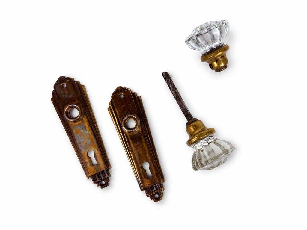 Antique 1920s Art Deco 12 Sided Crystal Glass & Brass Knob Double Door Handle Knob Set - Architectural Salvage