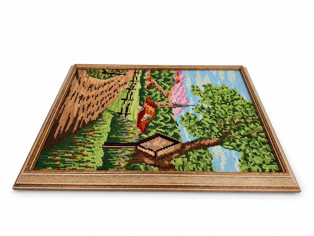 Vintage 1980s Framed Needlepoint Landscape Country Village Textile Wall Art Wood Frame