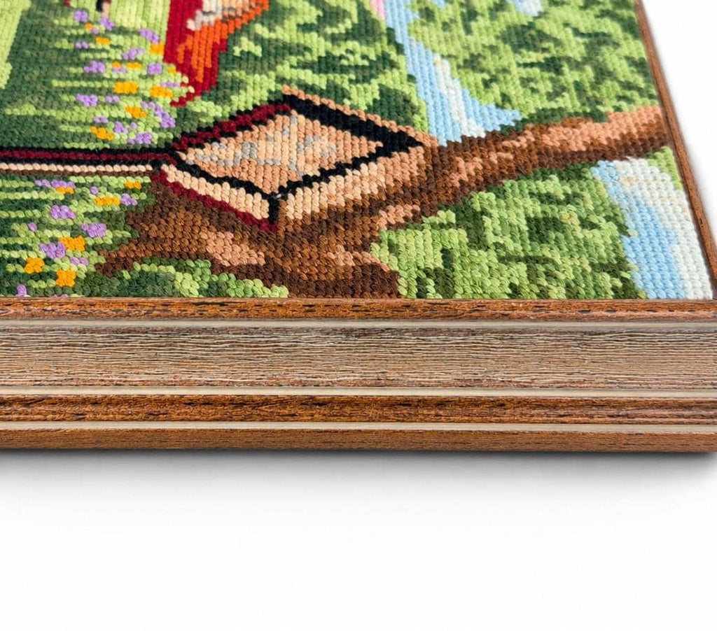 Vintage 1980s Framed Needlepoint Landscape Country Village Textile Wall Art Wood Frame