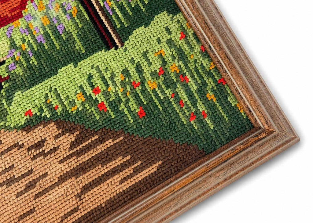 Vintage 1980s Framed Needlepoint Landscape Country Village Textile Wall Art Wood Frame