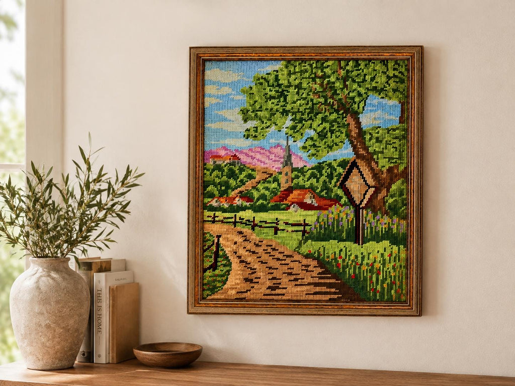 Vintage 1980s Framed Needlepoint Landscape Country Village Textile Wall Art Wood Frame
