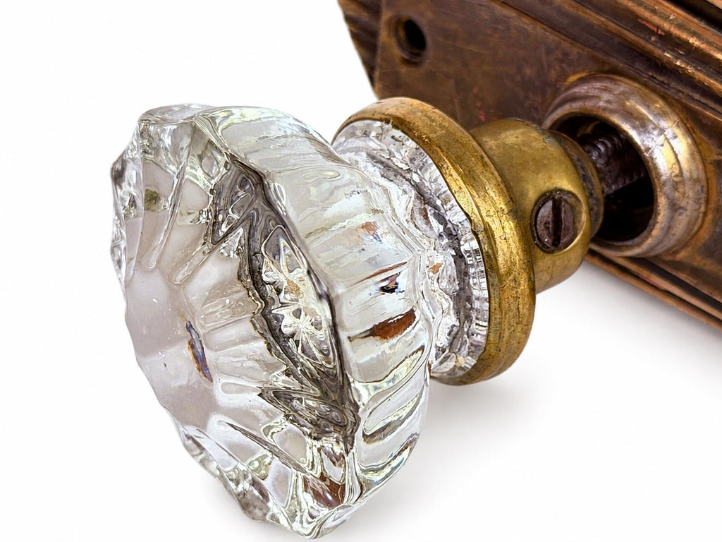 Antique 1920s Art Deco 12 Sided Crystal Glass & Brass Knob Double Door Handle Knob Set - Architectural Salvage