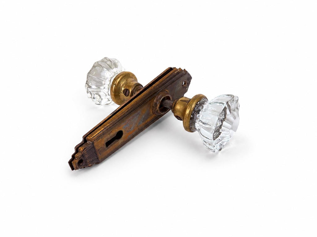 Antique 1920s Art Deco 12 Sided Crystal Glass & Brass Knob Double Door Handle Knob Set - Architectural Salvage