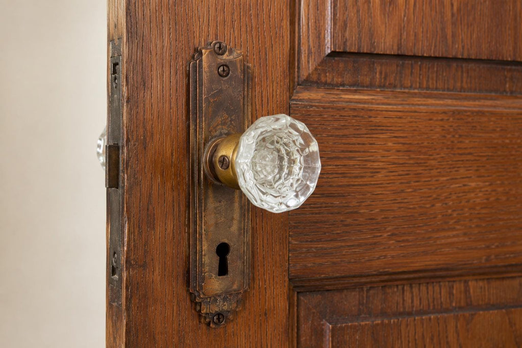 Antique 1920s Art Deco 12 Sided Crystal Glass & Brass Knob Double Door Handle Knob Set - Architectural Salvage