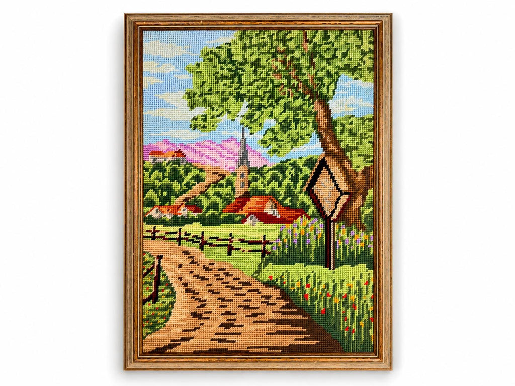 Vintage 1980s Framed Needlepoint Landscape Country Village Textile Wall Art Wood Frame