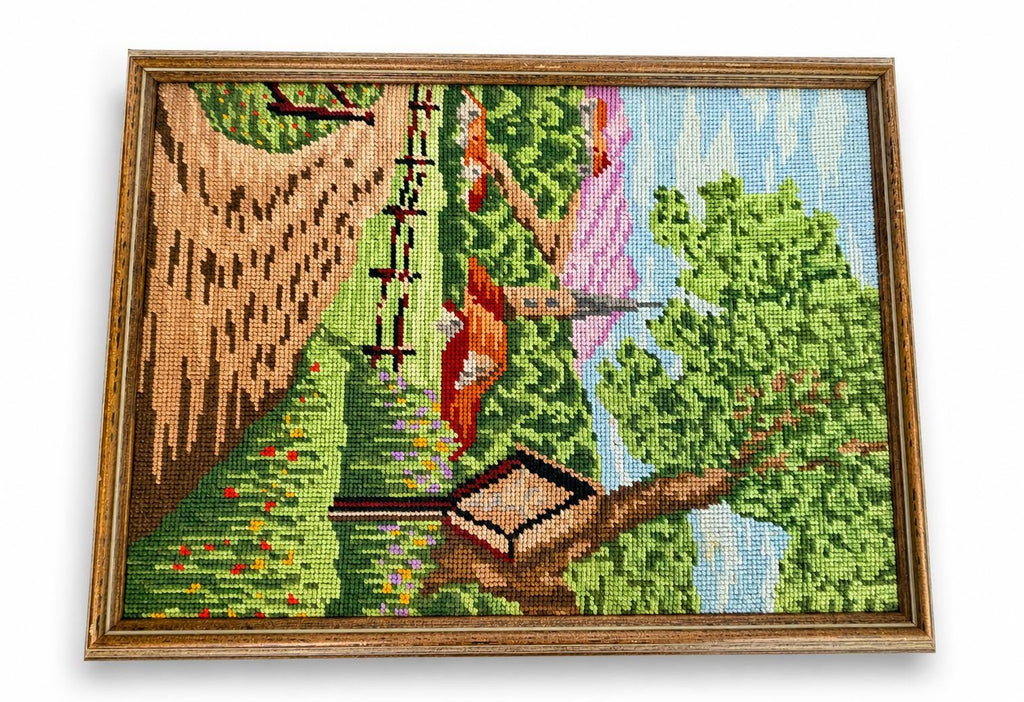 Vintage 1980s Framed Needlepoint Landscape Country Village Textile Wall Art Wood Frame