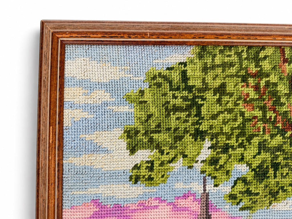 Vintage 1980s Framed Needlepoint Landscape Country Village Textile Wall Art Wood Frame