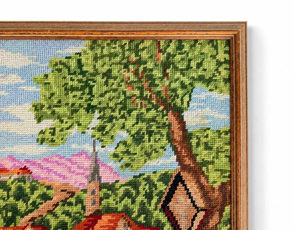Vintage 1980s Framed Needlepoint Landscape Country Village Textile Wall Art Wood Frame
