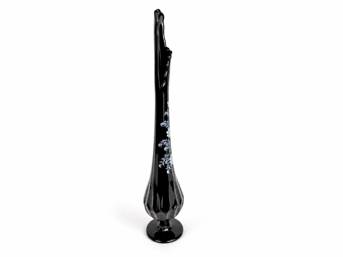 Vintage 1970s Fenton 4453 Ebony Thumbprint Swung Vase - By T Budim - Hand Painted Floral Glass - Each Sold Separately