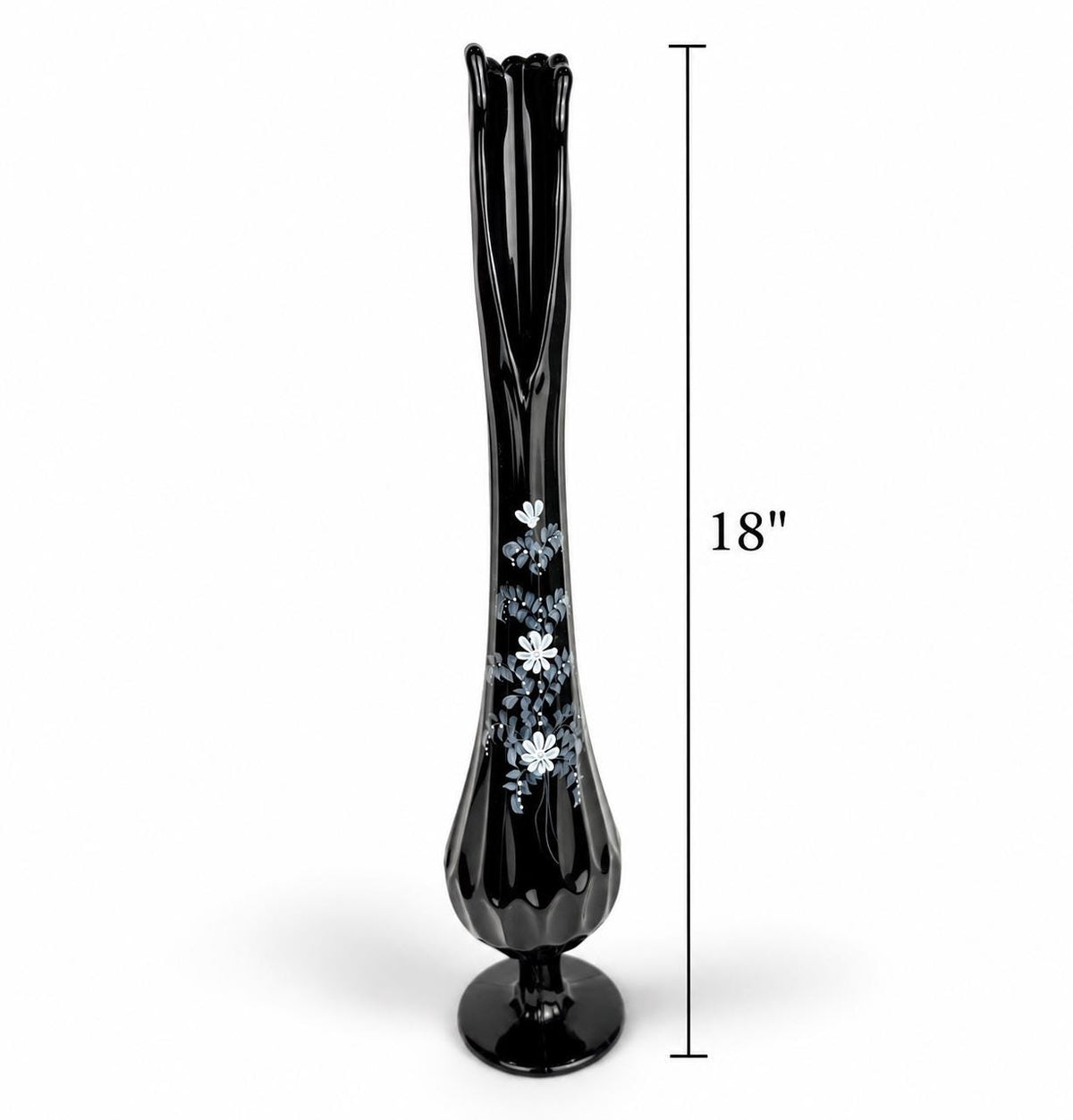 Vintage 1970s Fenton 4453 Ebony Thumbprint Swung Vase - By T Budim - Hand Painted Floral Glass - Each Sold Separately
